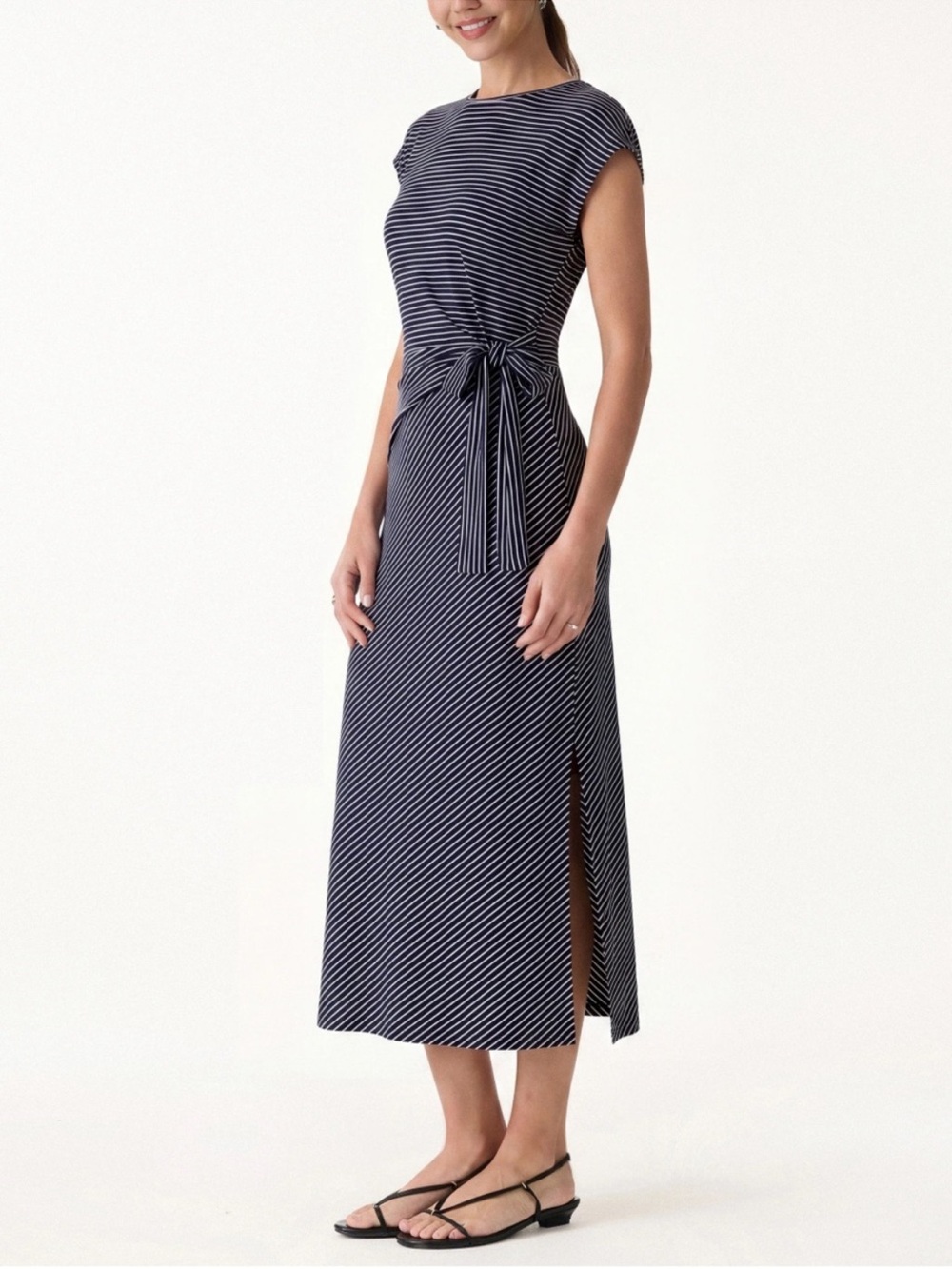 OGL NWT Striped Relaxed Midi Dress with Self-Tie Navy Blue White Size Medium